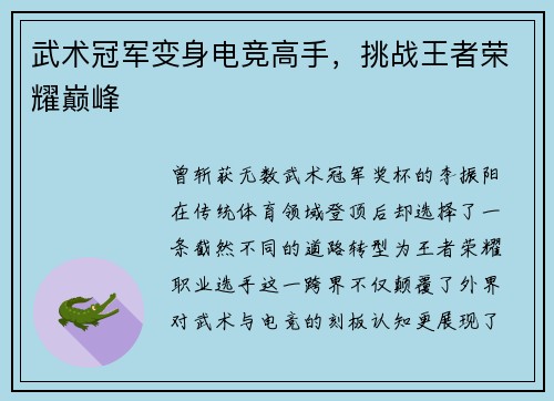 武术冠军变身电竞高手，挑战王者荣耀巅峰